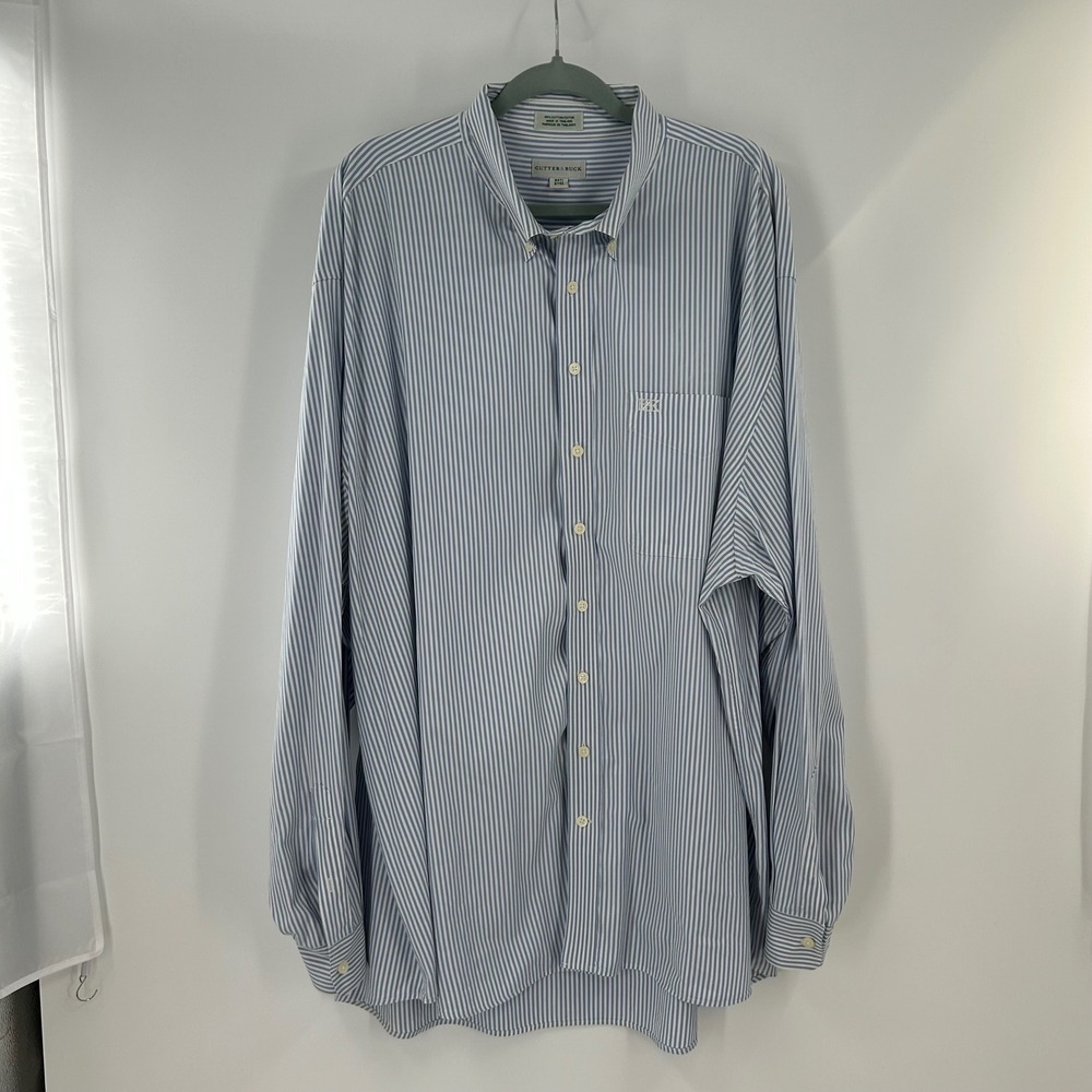 Cutter & Buck Mens 3XT Blue White Striped Cotton Long Sleeve Button Down Shirt